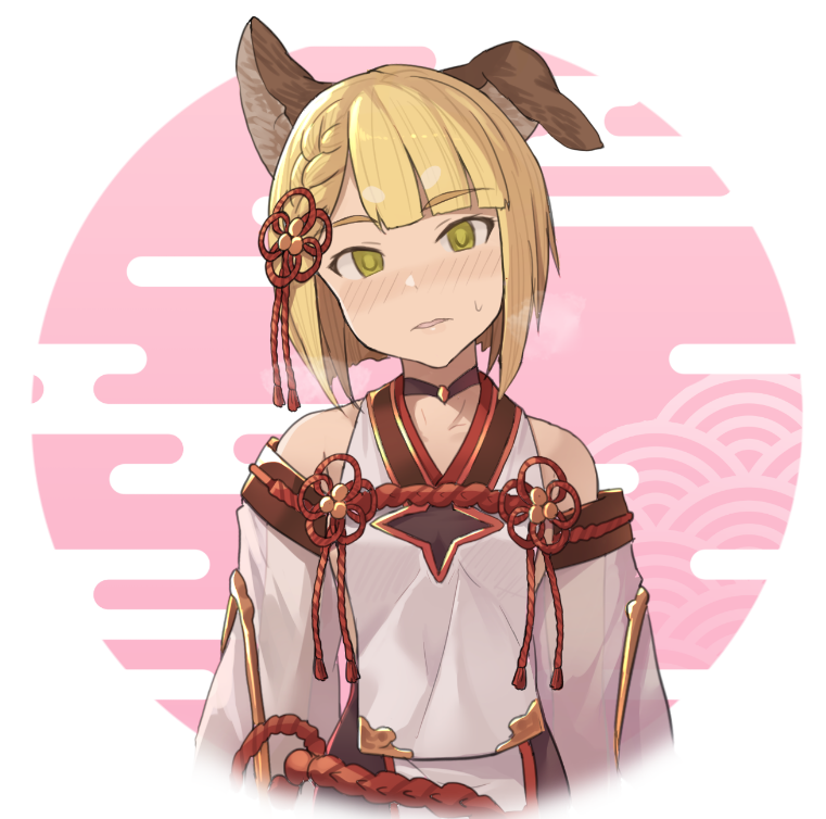 1girl animal_ears bangs bare_shoulders blonde_hair blush braid breasts breath collarbone detached_sleeves dog_ears empty_eyes erune eyebrows_visible_through_hair granblue_fantasy green_eyes head_tilt hinami_(hinatamizu) looking_at_viewer parted_bangs rope shimenawa short_hair single_braid small_breasts solo upper_body vajra_(granblue_fantasy)