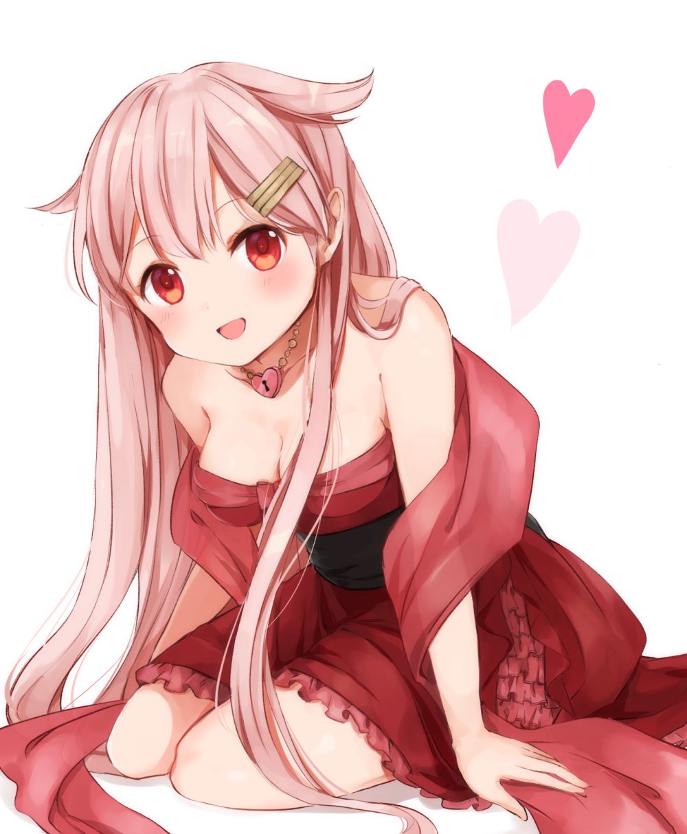 1girl alternate_costume bangs bare_shoulders blonde_hair blush breasts cleavage commentary_request dress eyebrows_visible_through_hair hair_between_eyes hair_flaps hair_ornament hair_over_shoulder hairclip heart heart-shaped_lock highres jewelry kantai_collection long_hair looking_at_viewer medium_breasts necklace open_mouth red_dress red_eyes see-through_sleeves simple_background sitting smile solo swept_bangs very_long_hair wariza yuudachi_(kantai_collection) yuuki_susumu