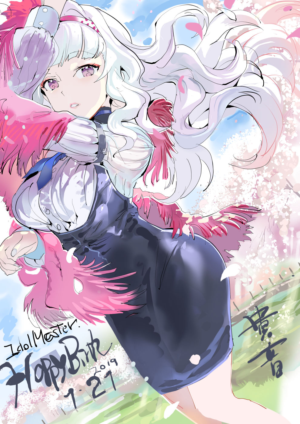 119 1girl blue_sky blush breasts cherry_blossoms commentary dutch_angle fringe_trim hairband happy_birthday highres idolmaster idolmaster_(classic) lips long_hair long_sleeves looking_at_viewer outdoors parted_lips pencil_skirt petals shijou_takane signature silver_hair skirt sky solo violet_eyes wavy_hair