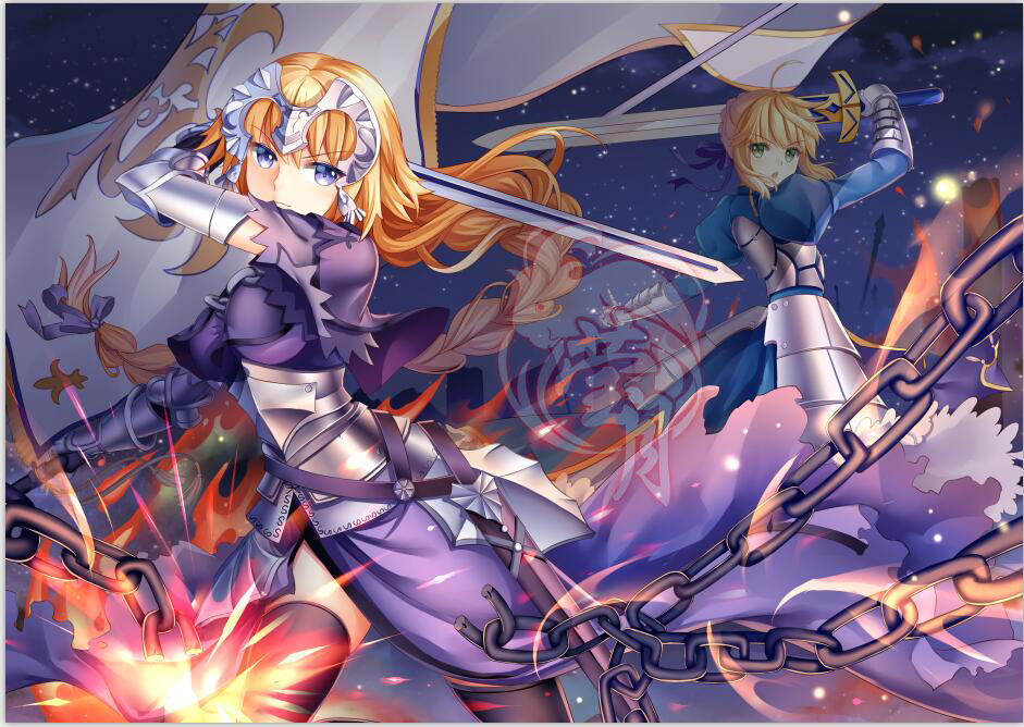2girls ahoge armor armored_dress artoria_pendragon_(all) banner black_legwear blonde_hair blue_dress blue_ribbon braid braided_ponytail chains dress excalibur fate/grand_order fate_(series) faulds floating_hair gauntlets hair_ribbon headpiece holding holding_sword holding_weapon jeanne_d'arc_(fate) jeanne_d'arc_(fate)_(all) long_hair multiple_girls ribbon saber single_braid sky standing star_(sky) starry_sky sword thigh-highs very_long_hair weapon ying_yue