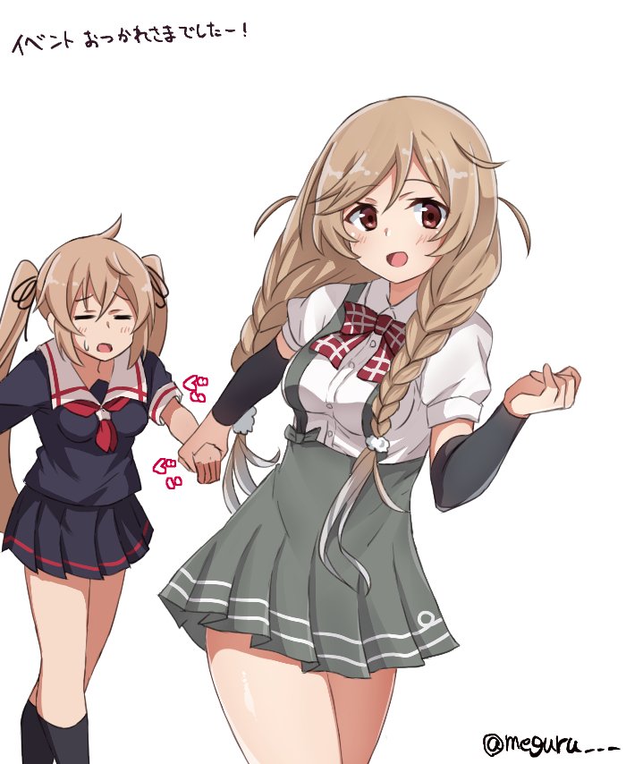 2girls black_legwear black_ribbon black_serafuku black_skirt bow bowtie braid brown_eyes closed_eyes commentary_request dragging eyebrows_visible_through_hair hair_ribbon kantai_collection kneehighs light_brown_hair long_hair meguru_(megurunn) minegumo_(kantai_collection) multiple_girls murasame_(kantai_collection) neckerchief plaid_neckwear pleated_skirt red_eyes red_neckwear ribbon school_uniform serafuku shirt short_sleeves skirt suspender_skirt suspenders translation_request twin_braids twintails white_background white_shirt