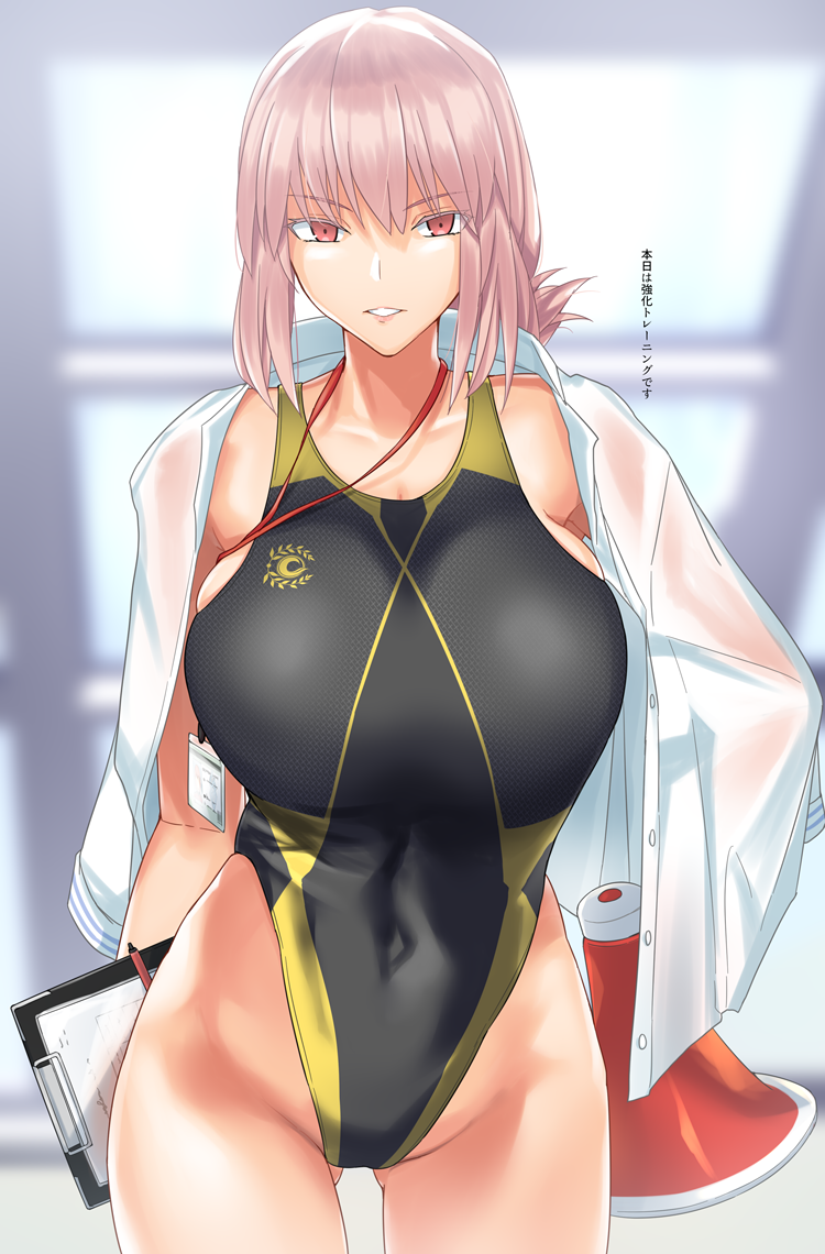 1girl bangs bare_shoulders black_swimsuit blurry blurry_background braid breasts clipboard collarbone covered_navel dress_shirt fate/grand_order fate_(series) florence_nightingale_(fate/grand_order) folded_ponytail gachou highleg highleg_swimsuit hips lanyard large_breasts long_hair looking_at_viewer megaphone one-piece_swimsuit open_clothes open_shirt parted_lips pen pink_hair shirt shirt_on_shoulders single_braid solo swimsuit thighs two-tone_swimsuit white_shirt yellow_swimsuit