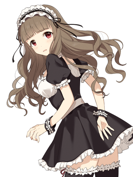 1girl bangs black_legwear blunt_bangs breasts brown_hair commentary_request copyright_request cowboy_shot curly_hair dutch_angle fingernails framed_breasts frilled_sleeves frills furrowed_eyebrows idolmaster idolmaster_cinderella_girls kamiya_nao looking_at_viewer medium_breasts puffy_short_sleeves puffy_sleeves short_sleeves simple_background solo standing thigh-highs twisted_torso white_background wrist_cuffs