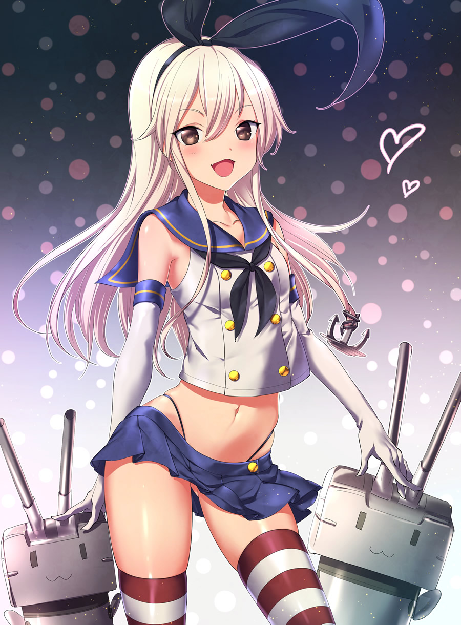 1girl :d ass_visible_through_thighs black_bow black_hairband black_neckwear black_panties blue_sailor_collar blue_skirt blush bow brown_eyes collarbone crop_top elbow_gloves floating_hair gloves gradient gradient_background hair_between_eyes hair_bow hairband heart highleg highleg_panties highres kantai_collection long_hair looking_at_viewer microskirt midriff navel open_mouth panties pleated_skirt rensouhou-chan sailor_collar shimakaze_(kantai_collection) shiny shiny_hair shirt silver_hair skirt sleeveless sleeveless_shirt smile solo standing stomach striped striped_legwear thigh-highs tsuru_ringo underwear white_gloves white_shirt
