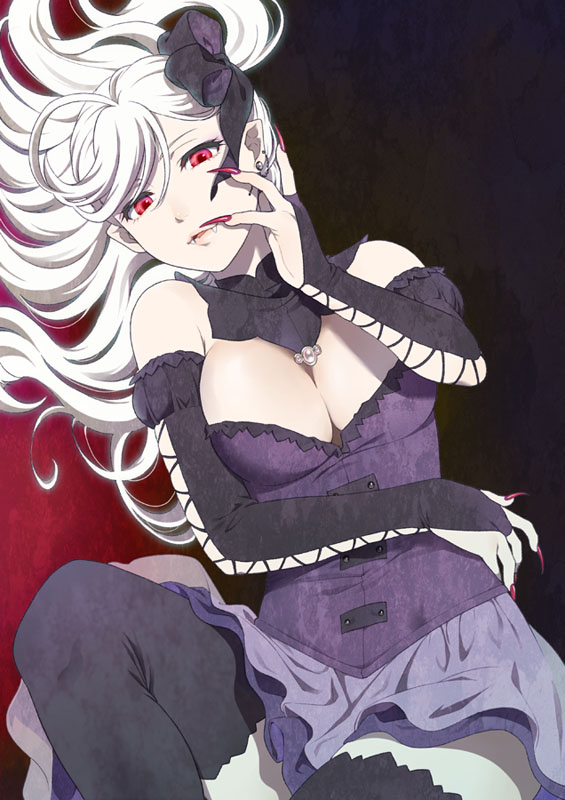 1girl bare_shoulders black_legwear breasts camilla_vanstein cleavage detached_sleeves dress earrings fangs fingernails hair_between_eyes hair_ribbon jewelry kemonomichi long_fingernails long_hair looking_at_viewer mattaku_mousuke medium_breasts nail_polish pale_skin parted_lips pointy_ears purple_dress red_eyes ribbon silver_hair solo vampire