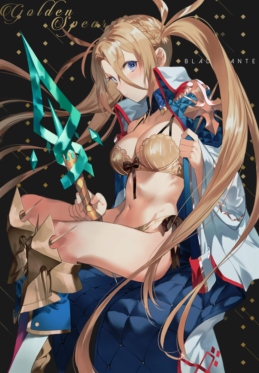 1girl bangs bare_shoulders black_background blonde_hair blue_eyes blush boots bra bradamante_(fate/grand_order) braid breasts character_name cleavage closed_mouth coat collarbone elbow_gloves fate/grand_order fate_(series) french_braid gloves hair_between_eyes highres knee_boots legs lingerie long_hair long_sleeves looking_at_viewer medium_breasts navel open_clothes open_coat panties salmon88 solo thighs twintails underwear very_long_hair weapon white_coat
