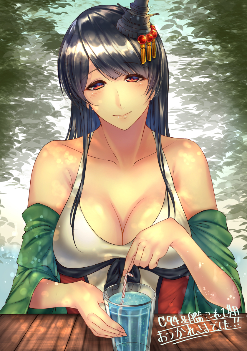 1girl black_hair blue_sky blush breasts closed_mouth eyebrows_visible_through_hair fusou_(kantai_collection) glass green_kimono hair_between_eyes hair_ornament headgear japanese_clothes kantai_collection kazu_(otonoki86) kimono large_breasts long_hair looking_at_viewer red_eyes remodel_(kantai_collection) sky solo swimsuit tree