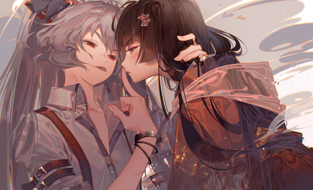 2girls :&lt; :p ahoge anger_vein angry arm_around_neck arm_belt artist_name bangs black_hair blunt_bangs blush bracelet brown_eyes buckle closed_eyes closed_mouth collared_shirt eye_contact fingernails fujiwara_no_mokou grey_background grey_hair grey_shirt head_tilt heart high_ponytail houraisan_kaguya japanese_clothes jewelry kawacy kimono long_hair looking_at_another middle_finger multiple_girls profile red_eyes red_kimono see-through shawl shirt short_sleeves smug suspenders tongue tongue_out touhou upper_body v-shaped_eyebrows very_long_hair wing_collar wristband