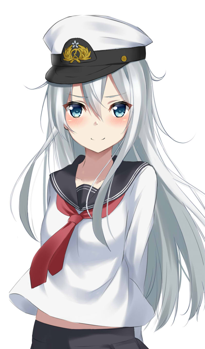 1girl black_skirt blue_eyes blush breasts closed_mouth eyebrows_visible_through_hair flat_cap hair_between_eyes hat hibiki_(kantai_collection) highres kantai_collection kohakope long_hair long_sleeves neckerchief sailor_collar school_uniform serafuku silver_hair simple_background skirt small_breasts smile solo white_background