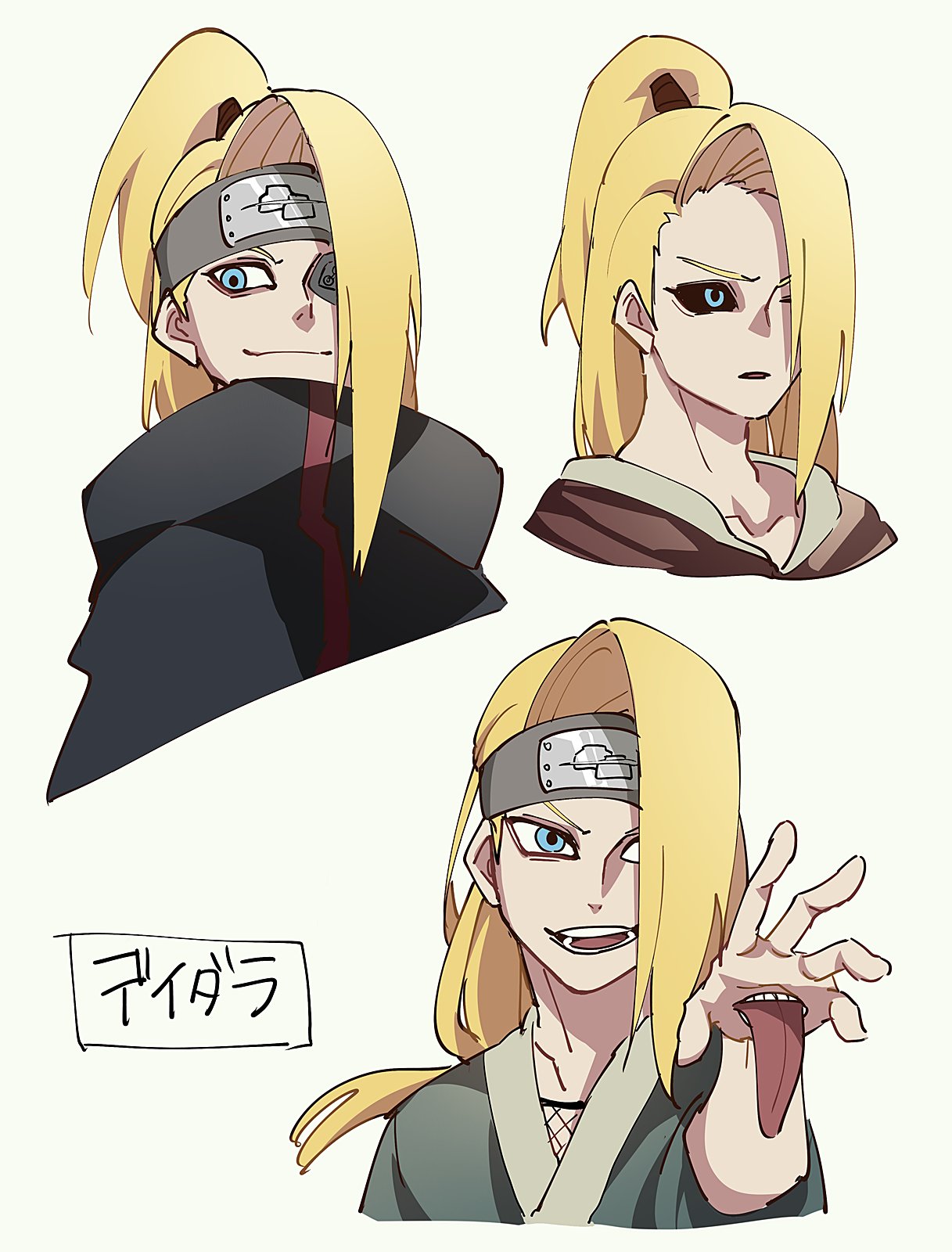 3boys beige_background black_sclera blonde_hair closed_mouth collarbone deidara extra_mouth fishnets hair_over_one_eye headband highres medium_hair menoo_(meno1921) multiple_boys naruto_(series) naruto_shippuuden open_mouth parted_lips ponytail scratches simple_background smile teeth tongue tongue_out