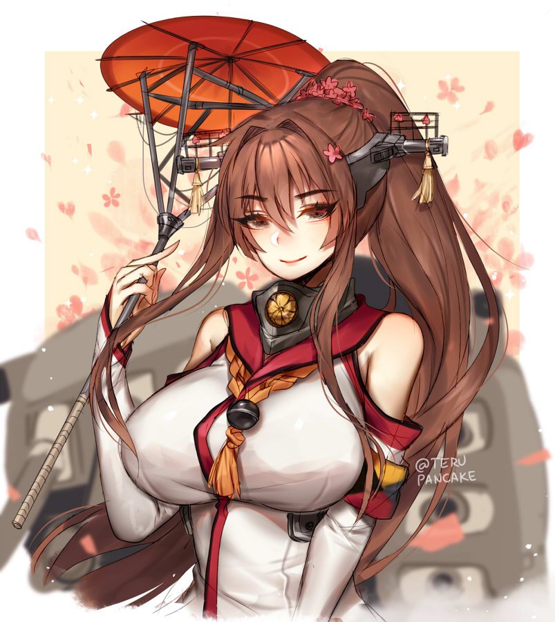 1girl bangs bare_shoulders breasts brown_eyes brown_hair cherry_blossoms closed_mouth detached_sleeves flower hair_between_eyes hair_flower hair_ornament headgear holding holding_umbrella kantai_collection large_breasts long_hair looking_at_viewer oriental_umbrella ponytail red_umbrella smile terupancake turret umbrella upper_body very_long_hair yamato_(kantai_collection)