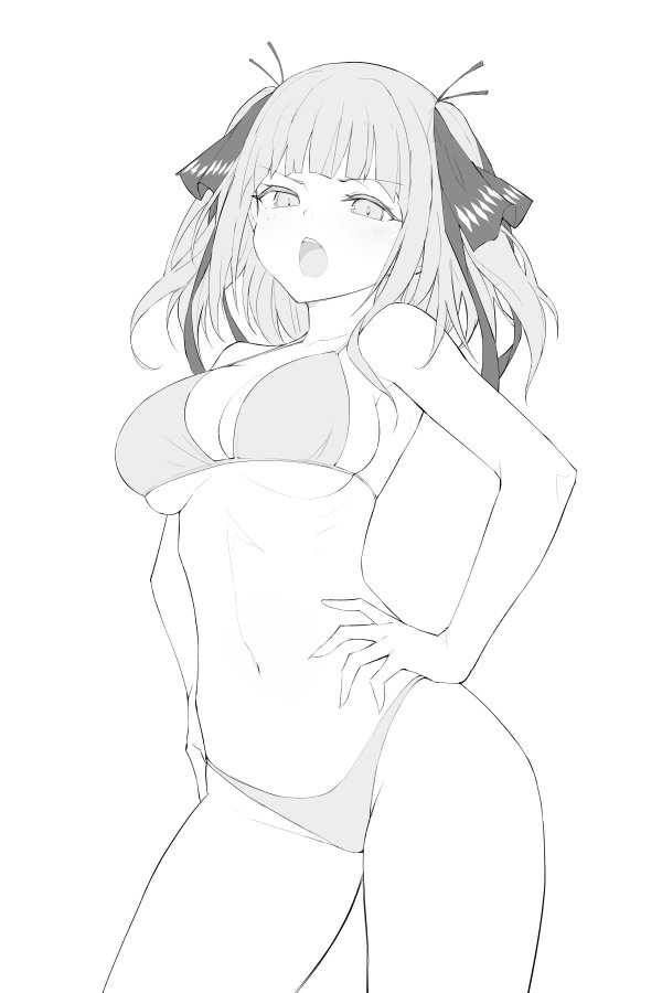 1girl armpits blunt_bangs blush breasts go-toubun_no_hanayome greyscale hair_ribbon hands_on_hips large_breasts lingerie nakano_nino navel open_mouth ribbon short_hair sideboob sketch tagme teeth underboob underwear upper_teeth waero