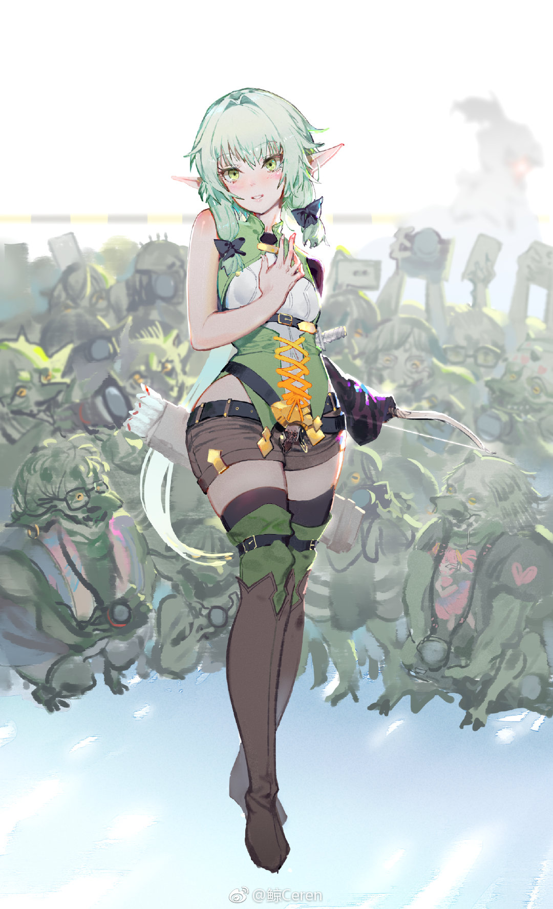 1girl boots bow bow_(weapon) breasts camera elf eyebrows_visible_through_hair glasses goblin goblin_slayer goblin_slayer! green_eyes green_hair hair_bow hand_on_own_chest high_elf_archer_(goblin_slayer!) highres hoshimawa long_hair looking_at_viewer low_ponytail parted_lips pointy_ears quiver short_shorts shorts sidelocks small_breasts smile solo_focus squatting thigh-highs thigh_boots very_long_hair weapon weibo_username