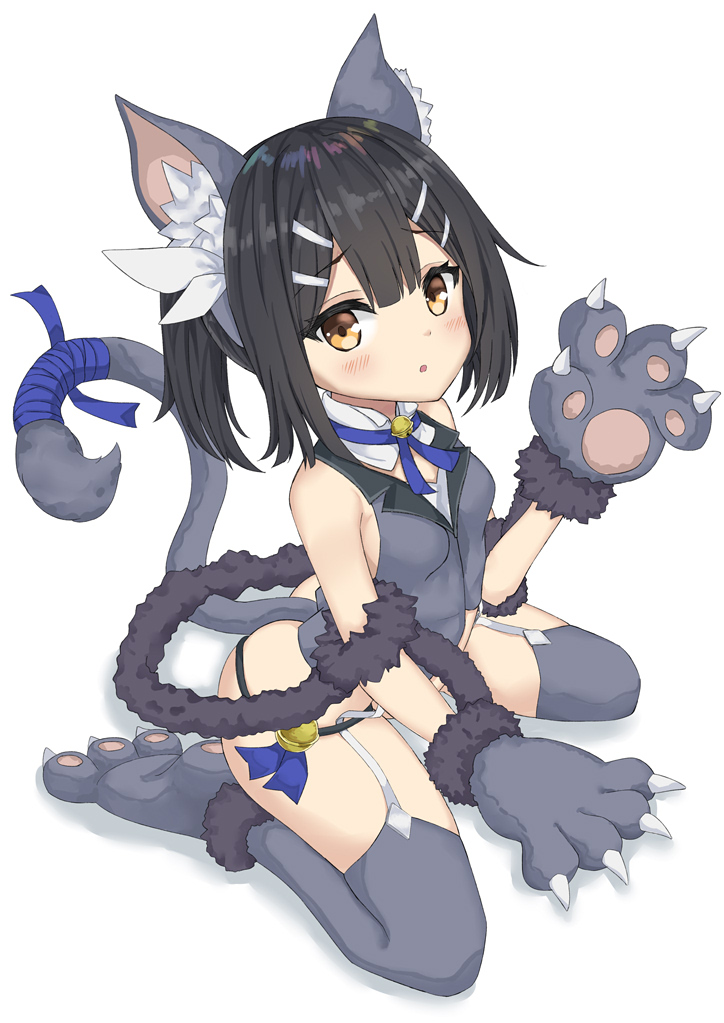 1girl animal_ears bangs bare_shoulders bell bell_collar black_hair blue_ribbon blush breasts cat_ears cat_paws cat_tail claws collar fate/kaleid_liner_prisma_illya fate_(series) garter_straps gloves grey_gloves grey_legwear grey_vest hair_ornament hair_ribbon hairclip hips jingle_bell lazupeace long_hair looking_at_viewer miyu_edelfelt neck_ribbon open_mouth paw_gloves paw_shoes paws ribbon shoes simple_background sitting sleeveless small_breasts solo tail thigh-highs thighs twintails vest wariza white_background white_ribbon yellow_eyes