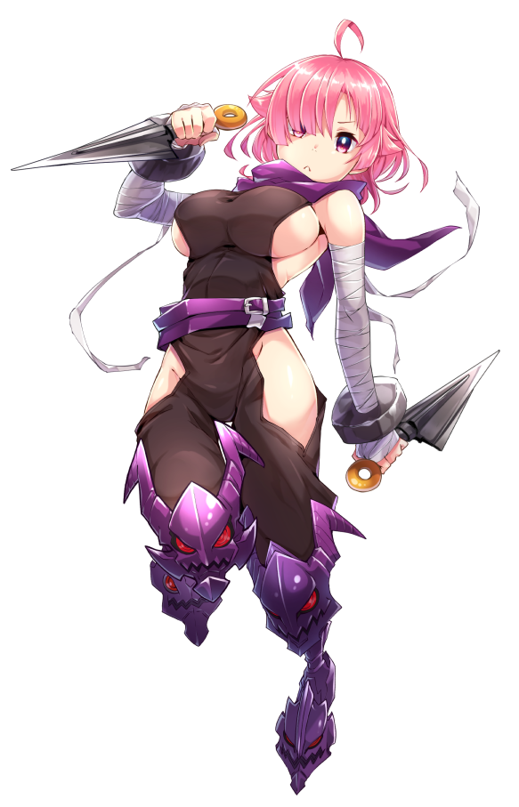 1girl :&lt; ahoge armored_boots bandage bandaged_arm bandages bare_shoulders belt belt_buckle black_bodysuit bodysuit boots breasts buckle character_request closed_mouth comic commentary_request copyright_request dual_wielding groin hair_flaps hair_over_one_eye hip_vent holding holding_weapon kunai large_breasts looking_at_viewer manmaru_tamago ninja pink_eyes pink_hair purple_footwear purple_scarf scarf short_hair sideboob simple_background solo thigh-highs thigh_boots virtual_youtuber weapon white_background