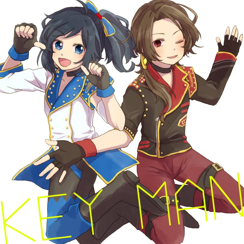 2boys asymmetrical_sleeves black_gloves black_hair blue_eyes boots brown_hair choker fingerless_gloves gloves izumi-no-kami_kanesada jumping kashuu_kiyomitsu male_focus multiple_boys musical_touken_ranbu pants pointing pointing_at_self ponytail red_pants side_ponytail simple_background touken_ranbu white_background