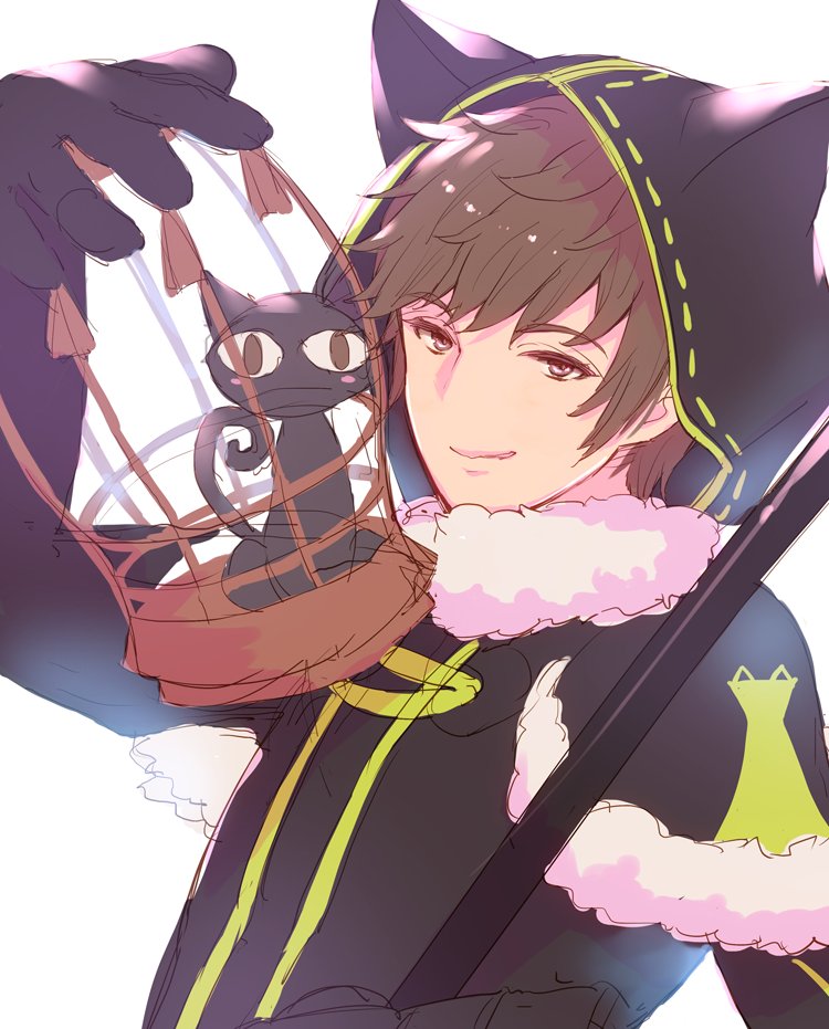 1boy animal_hood black_gloves brown_hair cage cat cat_hood closed_mouth fur_trim gloves gran_(granblue_fantasy) granblue_fantasy hood kadzuki_(ka3du6ki) knights_of_glory kuronekodoushi licking_lips looking_at_viewer male_focus simple_background smile tongue tongue_out upper_body white_background