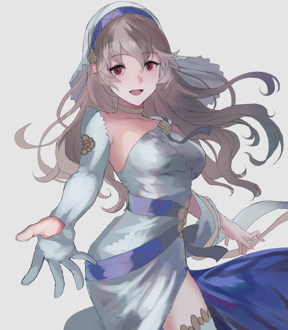 1girl alternate_costume dress elbow_gloves female_my_unit_(fire_emblem_if) fire_emblem fire_emblem_heroes fire_emblem_if gloves hair_between_eyes hair_ornament hairband long_hair mamkute my_unit_(fire_emblem_if) nintendo pointy_ears red_eyes silver_hair smile solo veil white_hair zatsudan_pashiko