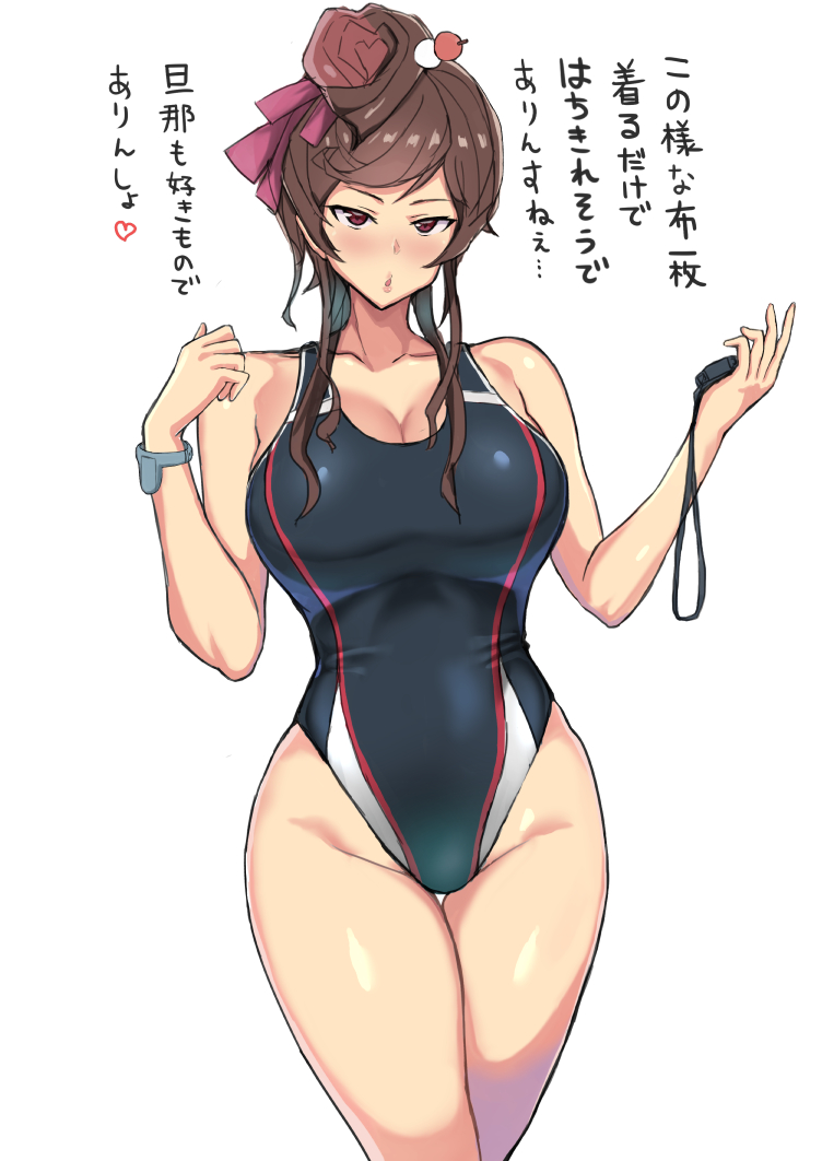 1girl black_swimsuit breasts brown_hair cleavage commentary_request competition_swimsuit cowboy_shot flower hair_flower hair_ornament large_breasts long_hair looking_at_viewer mordeth one-piece_swimsuit red_eyes simple_background solo stopwatch swimsuit thigh_gap tied_hair translation_request watch white_background yuugiri_(zombie_land_saga) zombie_land_saga