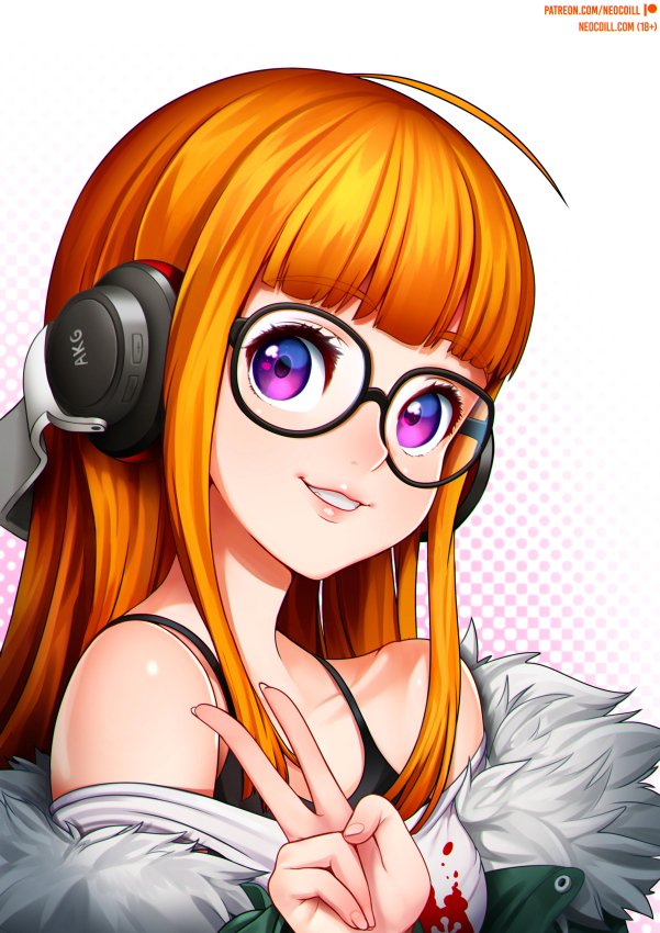 1girl :d ahoge bangs bare_shoulders blunt_bangs face fur_trim glasses headphones jacket looking_at_viewer neocoill open_mouth orange_hair persona persona_5 sakura_futaba smile solo v violet_eyes watermark