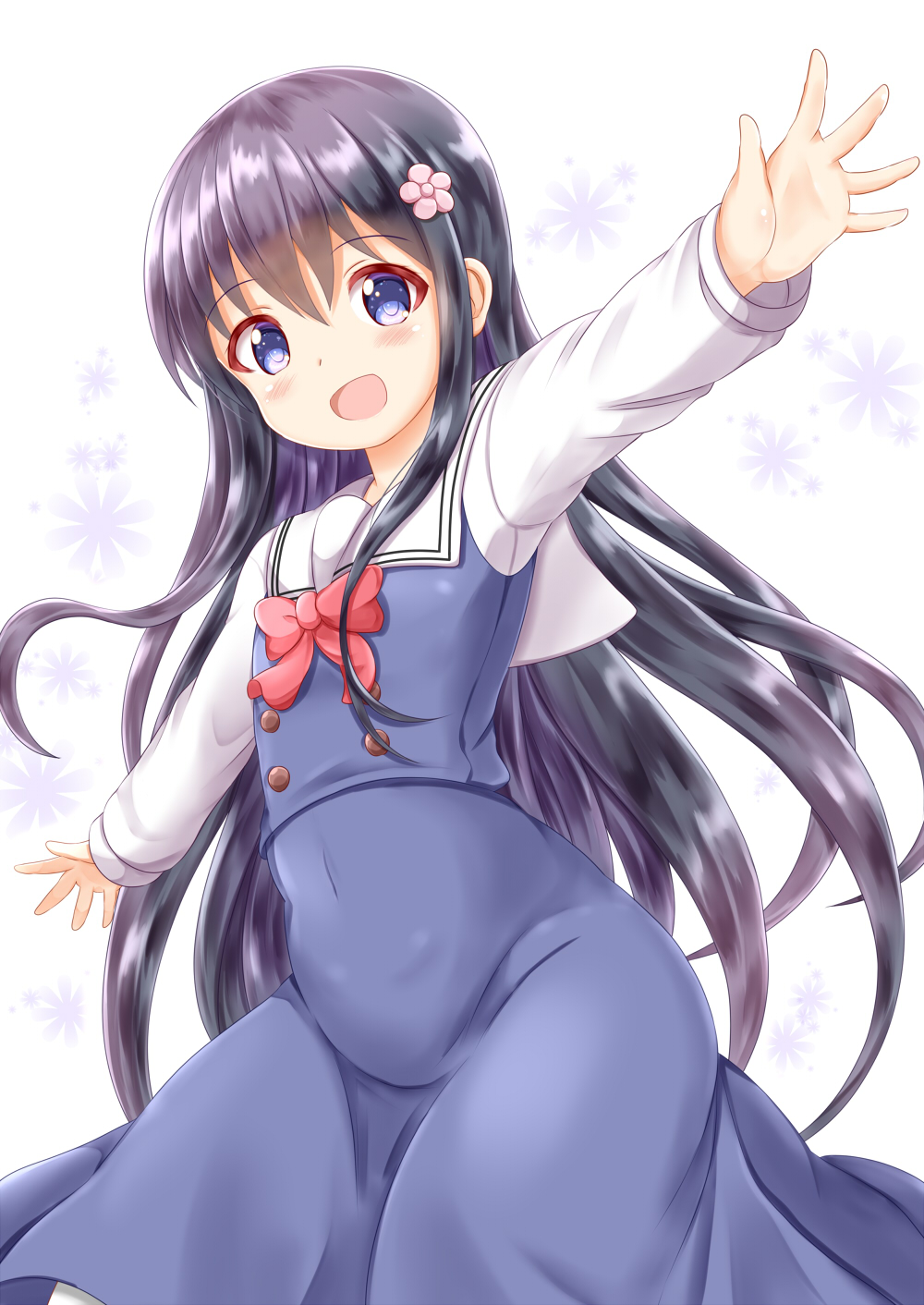 1girl :d bangs black_hair blue_dress blush bow commentary_request dress eyebrows_visible_through_hair flower hair_between_eyes hair_flower hair_ornament highres long_hair long_sleeves looking_at_viewer open_mouth outstretched_arms pink_flower red_bow school_uniform shirosaki_hana shirt simple_background sleeveless sleeveless_dress sleeves_past_wrists smile solo spread_arms very_long_hair violet_eyes watashi_ni_tenshi_ga_maiorita! white_background white_shirt zenon_(for_achieve)