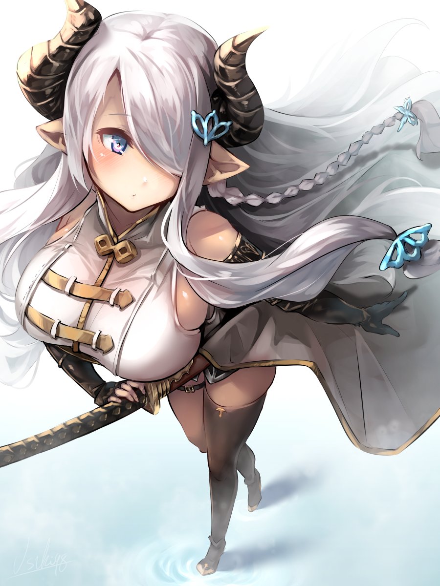 1girl asymmetrical_gloves bare_shoulders black_footwear black_gloves black_legwear blue_eyes blush braid breasts cleavage draph elbow_gloves fingerless_gloves floating_hair from_above gloves granblue_fantasy hair_ornament hair_over_one_eye high_heels highres horns katana large_breasts long_hair low_tied_hair narmaya_(granblue_fantasy) pointy_ears purple_hair ripples signature single_braid single_elbow_glove single_fingerless_glove single_thighhigh sleeveless smile solo sword thigh-highs thigh_strap usuki_(graygreed) walking weapon