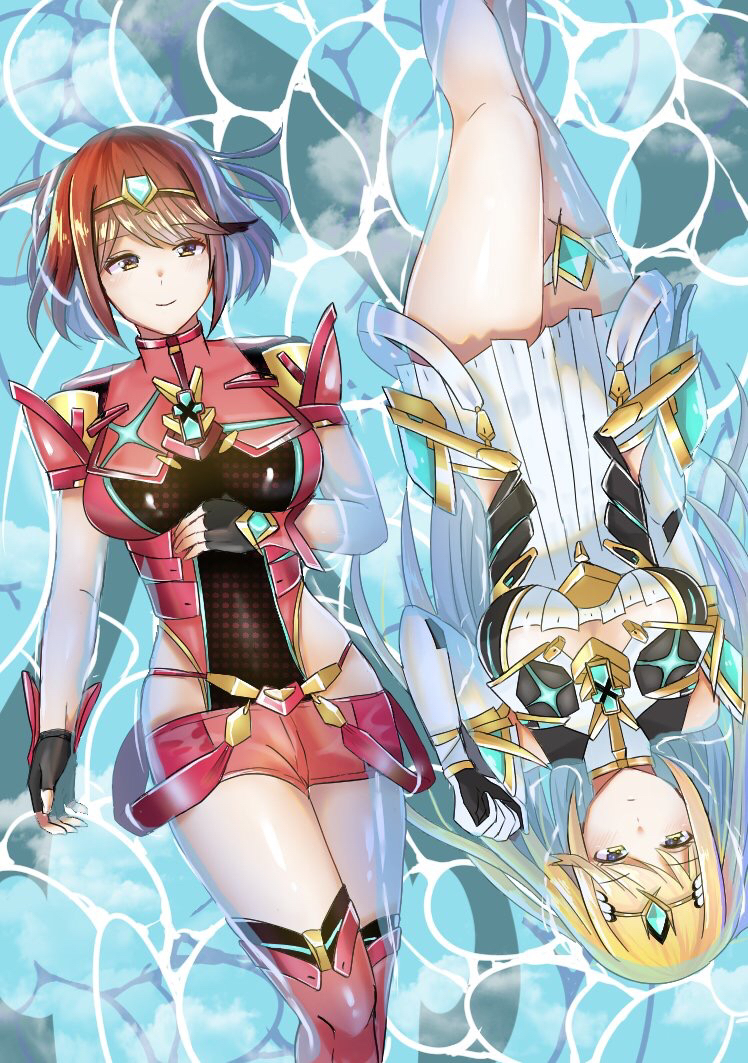 2girls armor bangs bare_shoulders blonde_hair breasts cleavage dress elbow_gloves fingerless_gloves floating gem gloves hair_ornament headpiece mythra_(xenoblade) pyra_(xenoblade) jewelry large_breasts long_hair looking_at_viewer multiple_girls nano_mik nintendo red_eyes red_shorts redhead short_hair short_shorts shorts smile swept_bangs thigh-highs tiara very_long_hair water wet white_dress xenoblade_(series) xenoblade_2 yellow_eyes