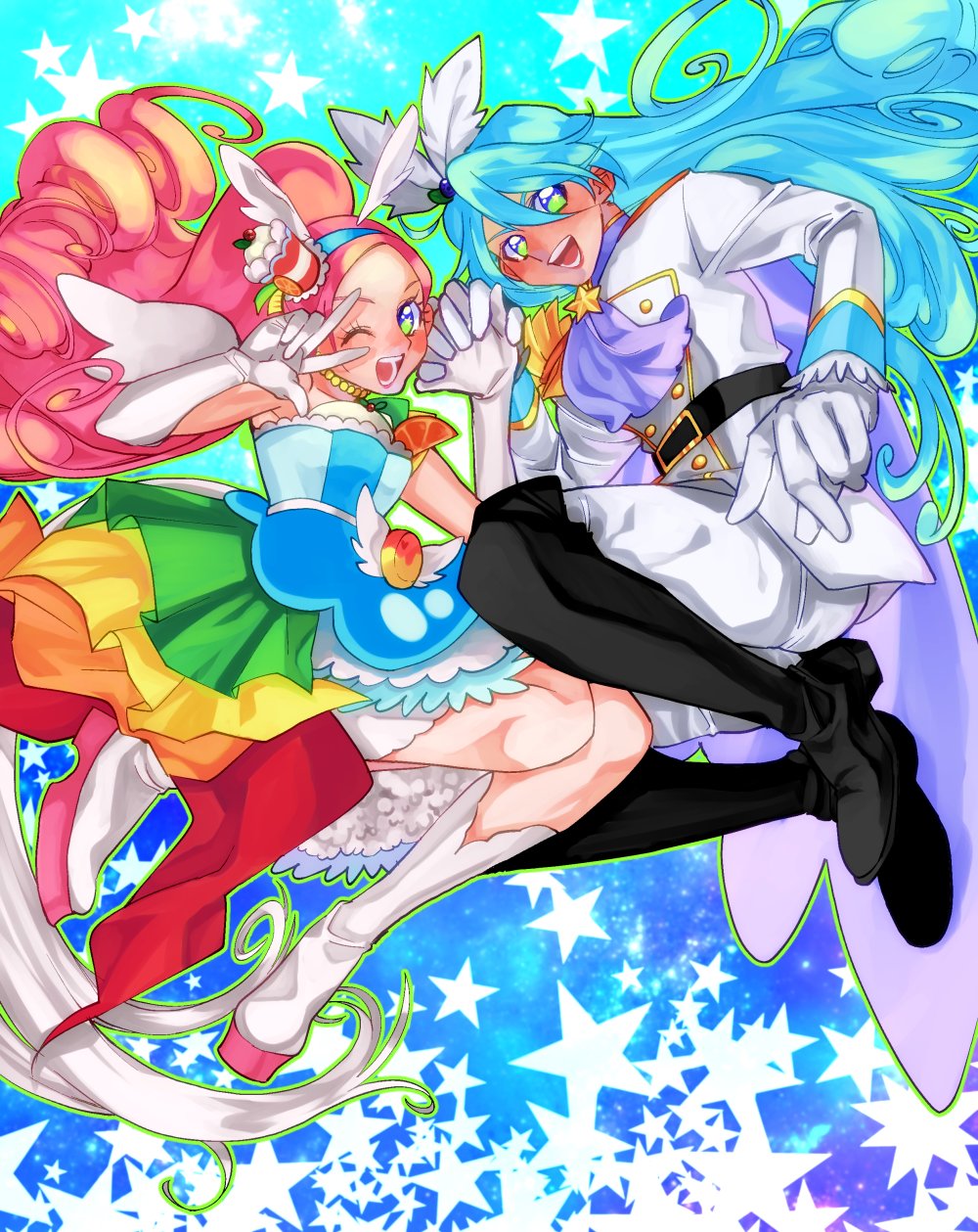 +_+ 1boy 1girl blue_eyes blue_hair boots brother_and_sister cape cure_parfait cure_waffle dezu elbow_gloves epaulettes food_themed_hair_ornament gloves green_eyes hair_ornament hand_holding highres kirahoshi_ciel kirakira_precure_a_la_mode long_hair looking_at_viewer magical_boy magical_girl open_mouth pikario_(precure) pink_hair precure siblings smile thigh-highs thigh_boots twins v white_footwear white_gloves