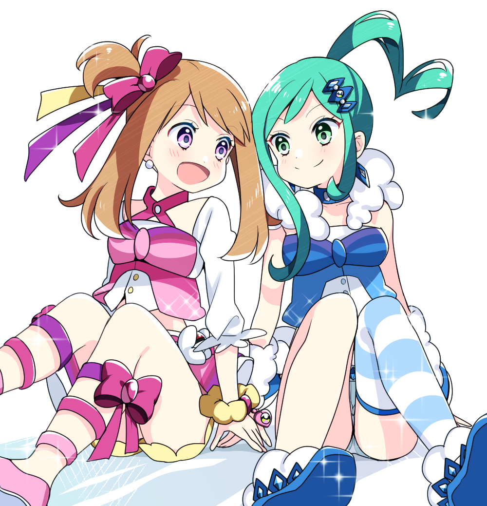 2girls alternate_costume alternate_hairstyle aqua_hair bow choker collarbone creatures_(company) crop_top earrings eye_contact game_freak green_eyes hair_bow hair_ornament hairclip halterneck hand_holding haruka_(pokemon) jewelry looking_at_another lucia_(pokemon) multiple_girls nintendo open_mouth pokemon pokemon_(game) ponytail scrunchie short_shorts shorts sitting smile sparkle violet_eyes wrist_scrunchie