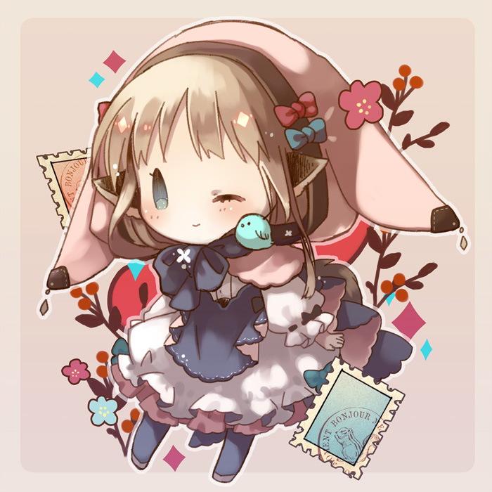1girl ;) animal animal_ears animal_on_shoulder bird bird_on_shoulder blue_bow blue_eyes blue_flower blue_legwear blush bow brown_background brown_capelet brown_footwear capelet chibi closed_mouth commentary_request dress flower hood hood_up hooded_capelet light_brown_hair long_sleeves one_eye_closed original pantyhose puffy_long_sleeves puffy_sleeves red_bow red_flower smile solo two-tone_background white_dress yuzuyomogi