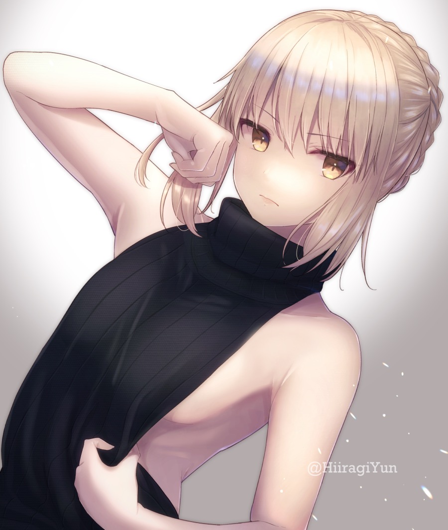 1girl arm_up artoria_pendragon_(all) bangs bare_arms bare_shoulders black_sweater blonde_hair blush braid breasts clothes_tug collarbone crown_braid expressionless eyebrows_visible_through_hair fate_(series) hair_between_eyes hair_ribbon hand_up hiiragiyun light_particles long_hair looking_at_viewer medium_breasts meme_attire no_bra ribbed_sweater ribbon saber_alter sideboob sidelocks solo sweater sweater_tug turtleneck turtleneck_sweater twitter_username type-moon virgin_killer_sweater yellow_eyes