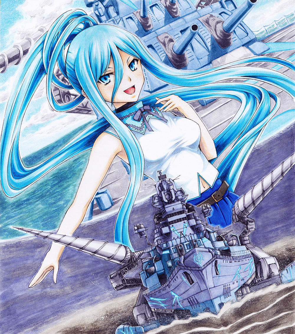 1girl :d aoki_hagane_no_arpeggio blue_eyes blue_hair blue_skirt breasts cannon commentary_request cruiser drill hair_rings iroha_(nullpo) long_hair looking_at_viewer marker_(medium) medium_breasts military military_vehicle navel open_mouth ponytail ship shirt skirt sleeveless sleeveless_shirt smile solo takao_(aoki_hagane_no_arpeggio) takao_(cruiser) traditional_media turret upper_body very_long_hair warship watercolor_pencil_(medium) watercraft white_shirt