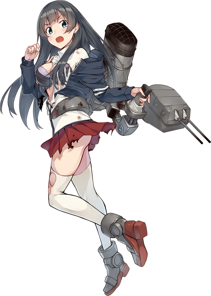 1girl agano_(kantai_collection) angry ass black_hair bra breasts cannon food green_eyes hood hooded_jacket hoodie jacket kantai_collection konishi_(koconatu) large_breasts long_hair machinery official_art pleated_skirt red_skirt setsubun skirt smokestack thigh-highs torn_clothes torn_jacket turret underwear