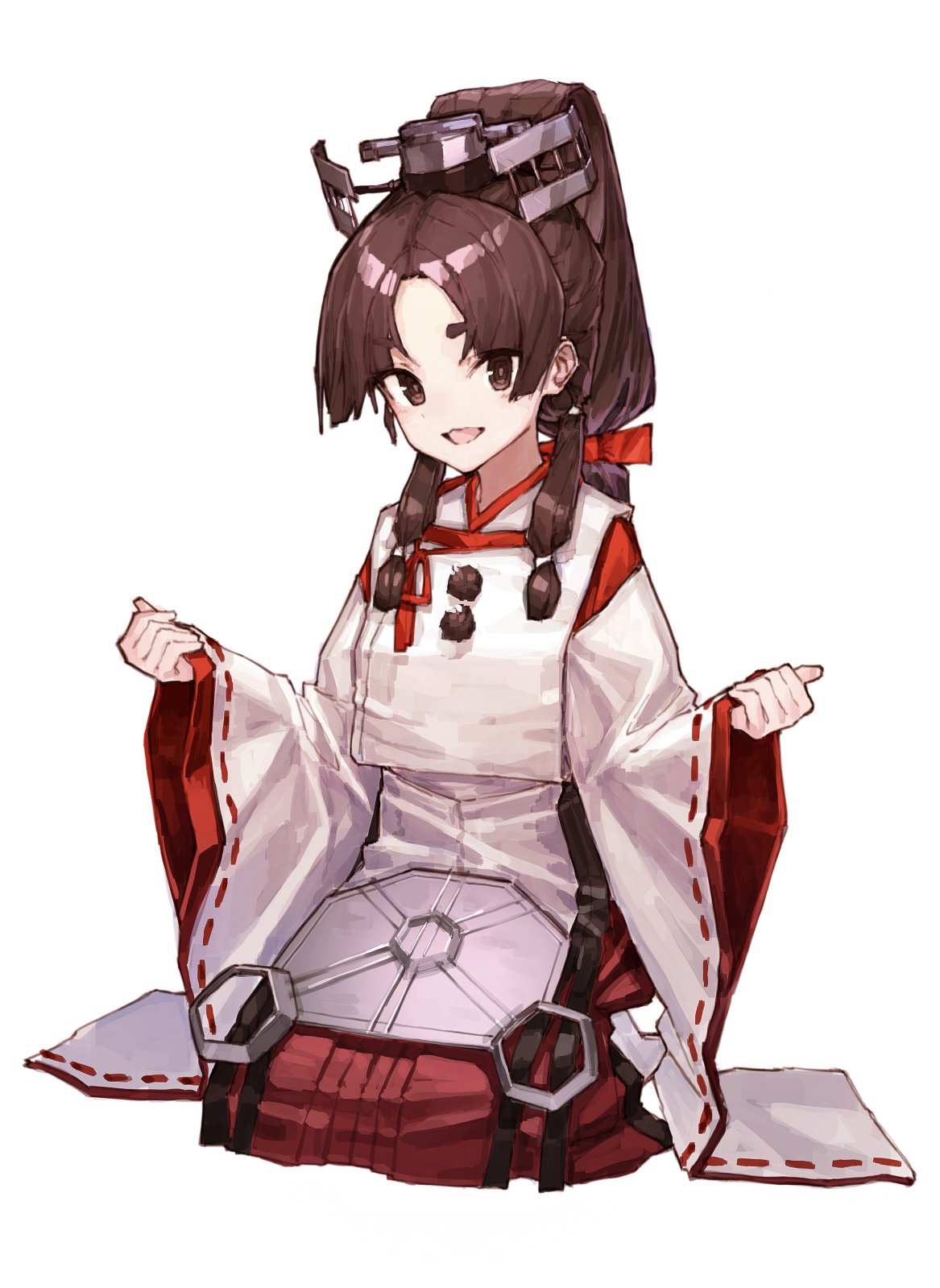 1girl air_qh bangs black_hair blush brown_eyes hair_ornament hair_ribbon hakama headphones high_ponytail highres japanese_clothes kantai_collection kariginu long_hair long_sleeves looking_at_viewer miko nisshin_(kantai_collection) open_mouth ponytail radar_hair_ornament red_hakama ribbon ribbon-trimmed_sleeves ribbon_trim short_eyebrows simple_background sitting smile solo thick_eyebrows tied_hair very_long_hair white_background wide_sleeves