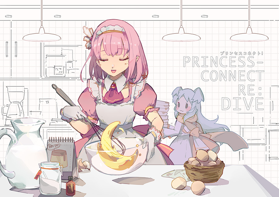 2girls :3 :d apron ascot bangs blue_dress blue_hair blush blush_stickers bowl closed_eyes closed_mouth collar commentary_request detached_collar dress egg eyebrows_visible_through_hair facing_viewer gloves holding holding_bowl izumo_miyako jug long_hair maid maid_apron multiple_girls open_mouth pink_dress pink_hair princess_connect! princess_connect!_re:dive puffy_short_sleeves puffy_sleeves red_neckwear shadowsinking short_sleeves smile solid_oval_eyes transparent two_side_up very_long_hair whisk white_apron white_collar white_gloves wing_collar yui_(princess_connect)
