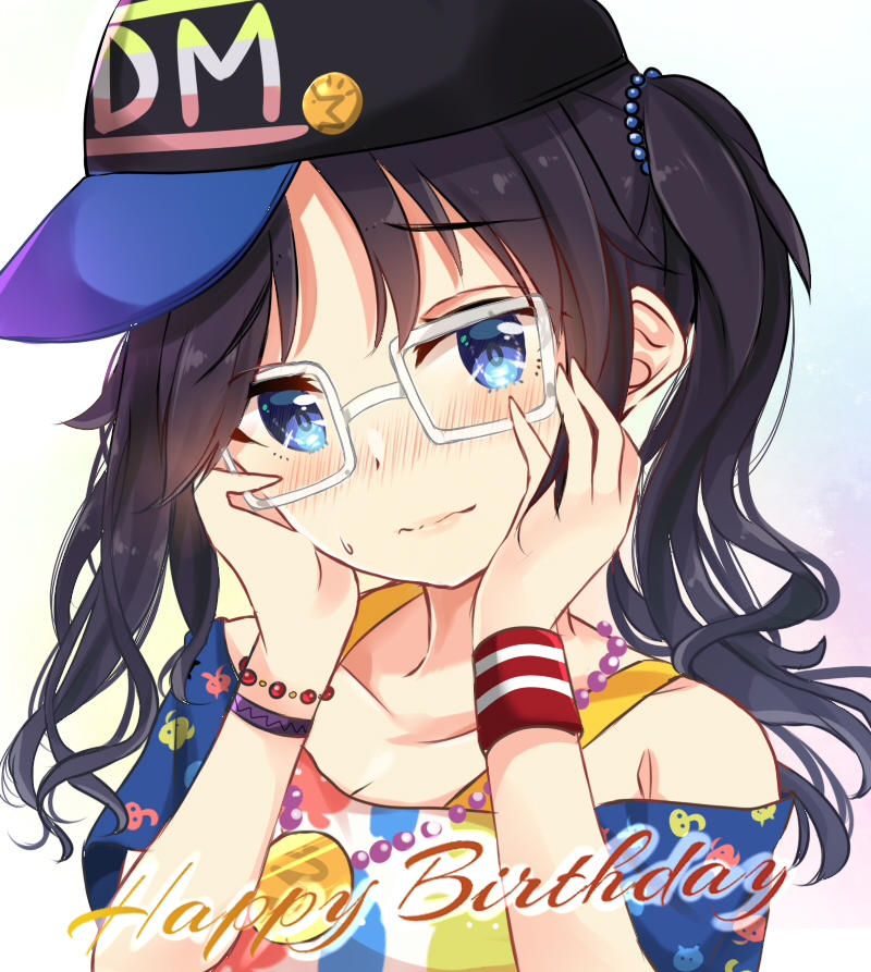 1girl amidada bangs baseball_cap bead_necklace beads black_hair black_hat blue_eyes blue_shirt blush bracelet breasts cleavage closed_mouth collarbone eyebrows_visible_through_hair glasses hair_ornament hands_on_own_cheeks hands_on_own_face hands_up happy_birthday hat head_tilt idolmaster idolmaster_shiny_colors jewelry long_hair looking_at_viewer mitsumine_yuika necklace off_shoulder shirt short_sleeves sidelocks sideways_hat solo sweat twintails upper_body wavy_hair wavy_mouth white-framed_eyewear wristband