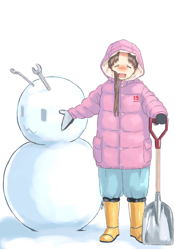 1girl ^_^ alternate_costume aqua_pants ayanami_(kantai_collection) blush boots brown_hair closed_eyes closed_eyes coat gloves holding_shovel hood hooded_jacket jacket kantai_collection long_hair long_sleeves matsutani open_mouth pink_clothes pink_jacket shovel side_ponytail simple_background smile snowman solo standing sweat white_background winter_clothes winter_coat wrench yellow_footwear |w|