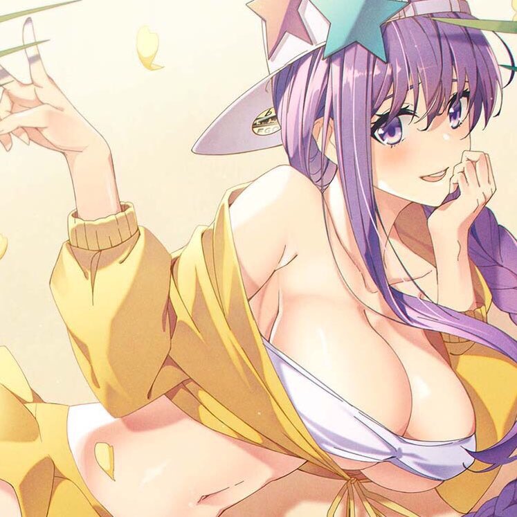 1girl backwards_hat bandeau bangs baseball_cap bb_(fate)_(all) bb_(swimsuit_mooncancer)_(fate) blush braid breasts cropped_jacket eyebrows_visible_through_hair fate/extra fate/extra_ccc fate/grand_order fate_(series) hair_between_eyes hat jacket large_breasts long_hair long_sleeves looking_at_viewer navel pleated_skirt purple_hair rei_(pixiv_187780) single_braid skirt smile solo star star_hat_ornament stomach thighs v very_long_hair violet_eyes white_bikini_top white_hat yellow_jacket