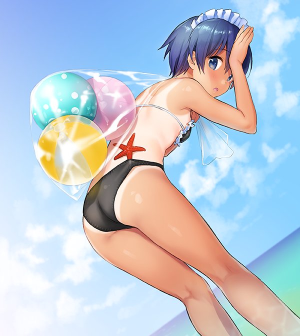 1girl :o ass ball beachball bikini black_bikini blue_hair clouds commentary_request from_side hand_on_own_forehead in_swimsuit kneepits looking_at_viewer looking_back maid_headdress one-piece_tan original sack sekiya_asami short_hair sky solo starfish swimsuit tan tanline water