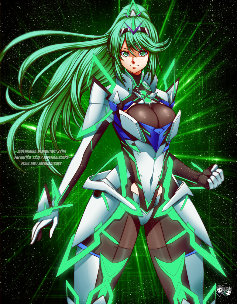 1girl armor bangs breasts cleavage commentary commission covered_navel deviantart_username earrings english_commentary eyebrows_visible_through_hair gloves green_eyes green_hair homuri_(xenoblade_2) jadenkaiba jewelry large_breasts long_hair looking_at_viewer matching_hair/eyes nintendo pixiv_username ponytail sidelocks smile solo standing swept_bangs very_long_hair watermark web_address xenoblade_(series) xenoblade_2