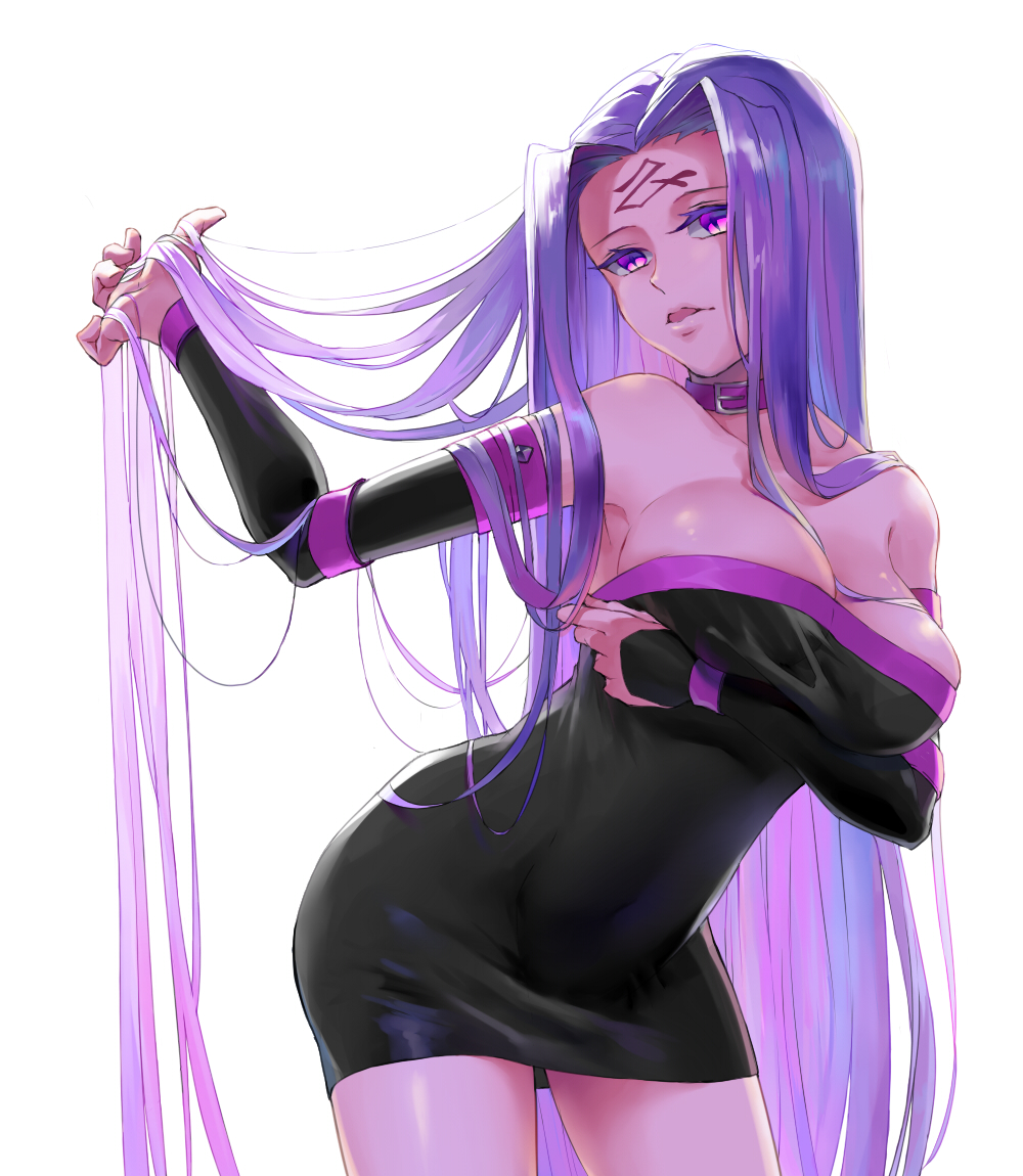 1girl absurdly_long_hair black_dress black_sleeves breasts cleavage collar cowboy_shot detached_sleeves dress fate/stay_night fate_(series) hisame_(gocbu) holding holding_hair large_breasts leaning_forward long_hair long_sleeves looking_at_viewer open_mouth purple_hair rider short_dress simple_background sleeveless sleeveless_dress solo standing strapless strapless_dress striped striped_dress tube_dress very_long_hair violet_eyes white_background