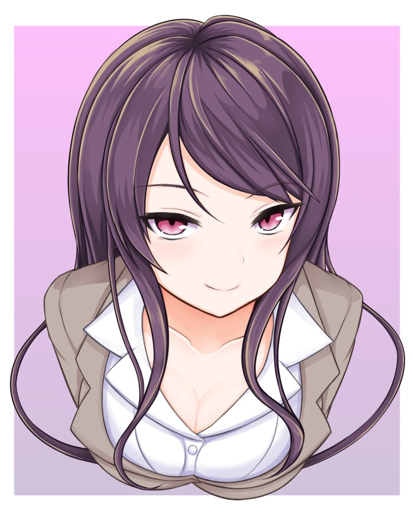 1girl bangs blush breasts brown_jacket buttons cleavage closed_mouth collarbone dress_shirt from_above gundou_mirei jacket long_hair looking_at_viewer nijisanji patyu3 red_eyes shirt smile solo swept_bangs upper_body virtual_youtuber wing_collar