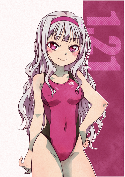 1girl breasts collarbone competition_swimsuit covered_navel cowboy_shot hairband hand_on_hip idolmaster logo long_hair looking_at_viewer one-piece_swimsuit pink_hairband pink_swimsuit shijou_takane silver_hair small_breasts solo swimsuit tommy_region two-tone_background violet_eyes younger