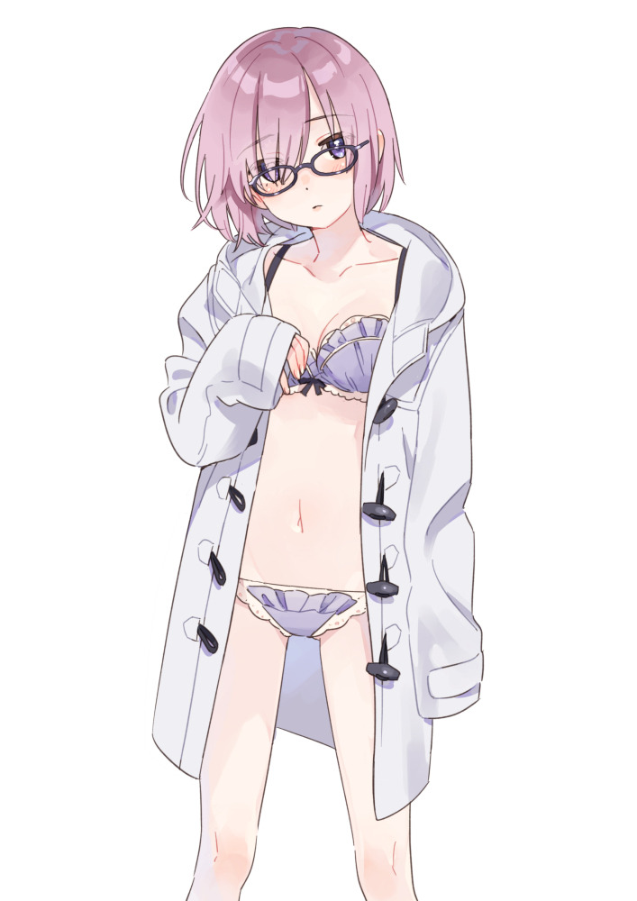 1girl black-framed_eyewear blush bra breasts coat collarbone eyebrows_visible_through_hair eyes_visible_through_hair fate/grand_order fate_(series) glasses head_tilt issindotai lace lace-trimmed_bra lace-trimmed_panties lavender_hair long_sleeves looking_at_viewer mash_kyrielight navel open_clothes open_coat panties short_hair simple_background sleeves_past_wrists solo standing underwear violet_eyes white_background