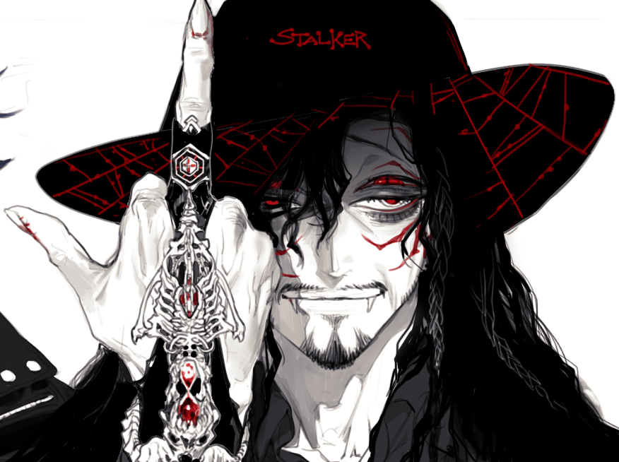 1boy black_hair black_headwear extra_eyes facial_hair fangs goatee long_hair looking_at_viewer male_focus middle_finger mustache original pigeon666 red_eyes smile solo solo_focus white_background