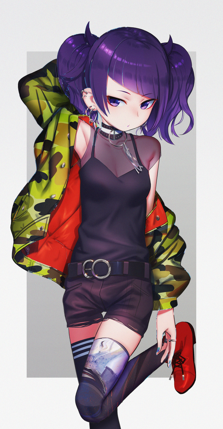 1girl arm_behind_head arm_up armpits bangs bare_shoulders belt black_choker black_legwear black_shirt black_shorts blue_nails breasts camisole camouflage_jacket choker cleavage collarbone cutoffs ear_piercing earrings eyebrows_visible_through_hair eyeshadow grey_background highres hoop_earrings idolmaster idolmaster_shiny_colors jacket jewelry leg_up long_hair long_sleeves looking_at_viewer makeup mismatched_legwear nail_polish off_shoulder open_clothes open_jacket piercing puckered_lips purple_hair red_footwear ring shamonabe shiny shiny_hair shirt shoes short_shorts shorts sidelocks small_breasts sneakers solo standing standing_on_one_leg tanaka_mamimi thigh-highs twintails two-tone_background violet_eyes