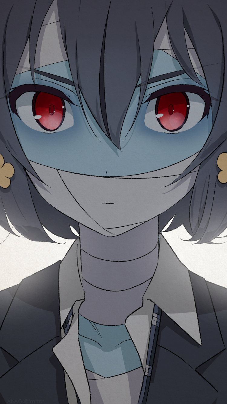 1girl akagi_(fmttps) bandage bandaged_neck black_hair blazer eyebrows_visible_through_hair hair_between_eyes hair_ornament highres jacket looking_at_viewer mizuno_ai red_eyes school_uniform short_hair solo zombie zombie_land_saga