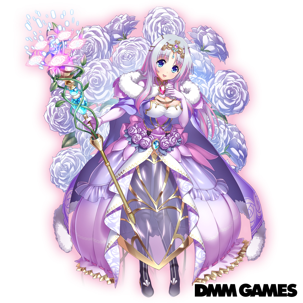 1girl blue_eyes braid breasts cape copyright_name dmm floral_background flower flower_knight_girl full_body gem hand_on_own_chest large_breasts lavender_hair long_hair looking_at_viewer novalis_(flower_knight_girl) official_art purple_cape purple_flower purple_rose rose staff standing tagme tiara tongue tongue_out white_background