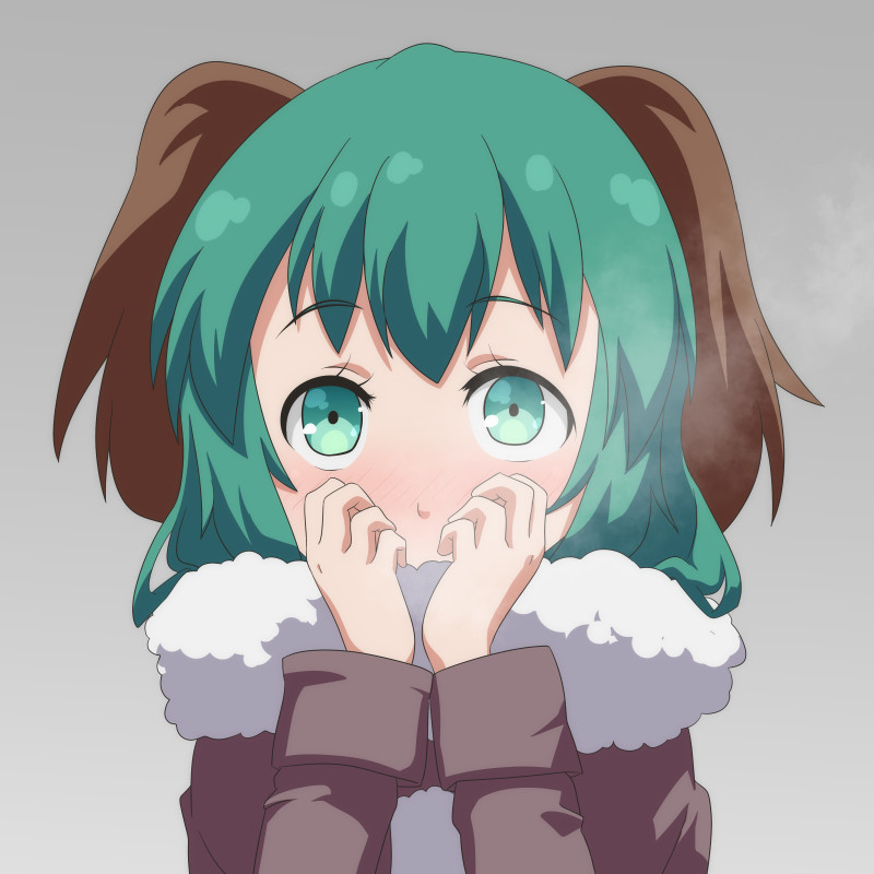 alternate_costume animal_ears blush breath cato_(monocatienus) coat commentary covering_mouth dog_ears green_eyes green_hair grey_background hands_up kasodani_kyouko simple_background touhou upper_body winter_clothes winter_coat