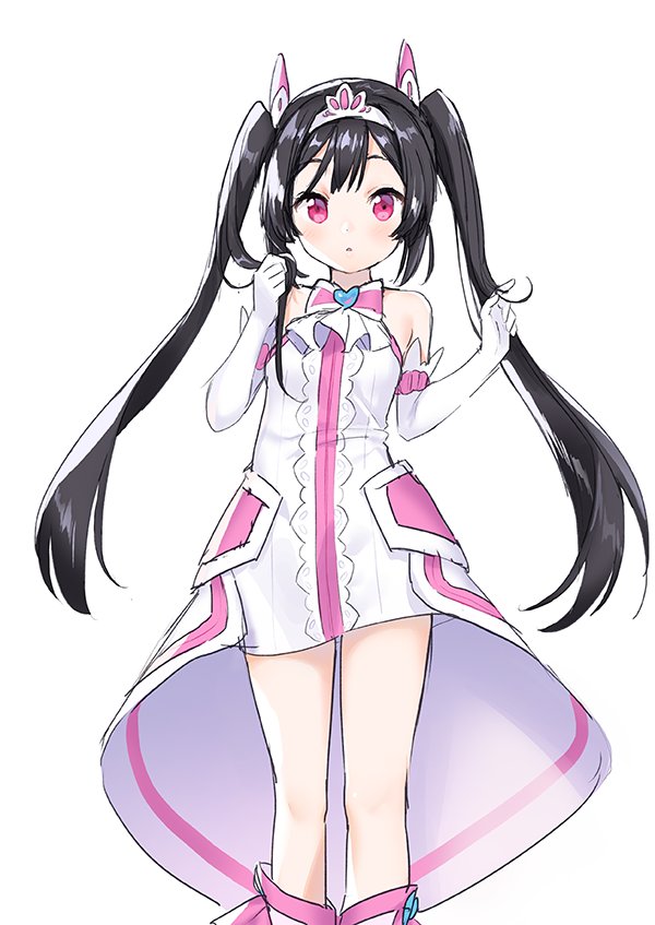 1girl black_hair blush bow dress egao_no_daika gloves hair_ornament hair_twirling heart heart_pendant holding holding_hair long_hair pink_bow pink_eyes pink_stripes sekiya_asami simple_background single_stripe solo standing tiara twintails very_long_hair white_background white_dress white_gloves yuuki_soleil